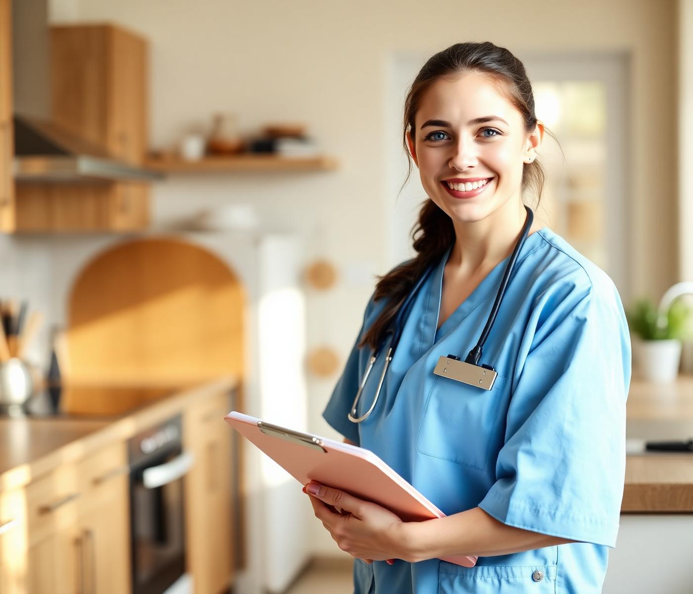 Smiling PCA caregiver in light blue scrubs in a bright home kitchen